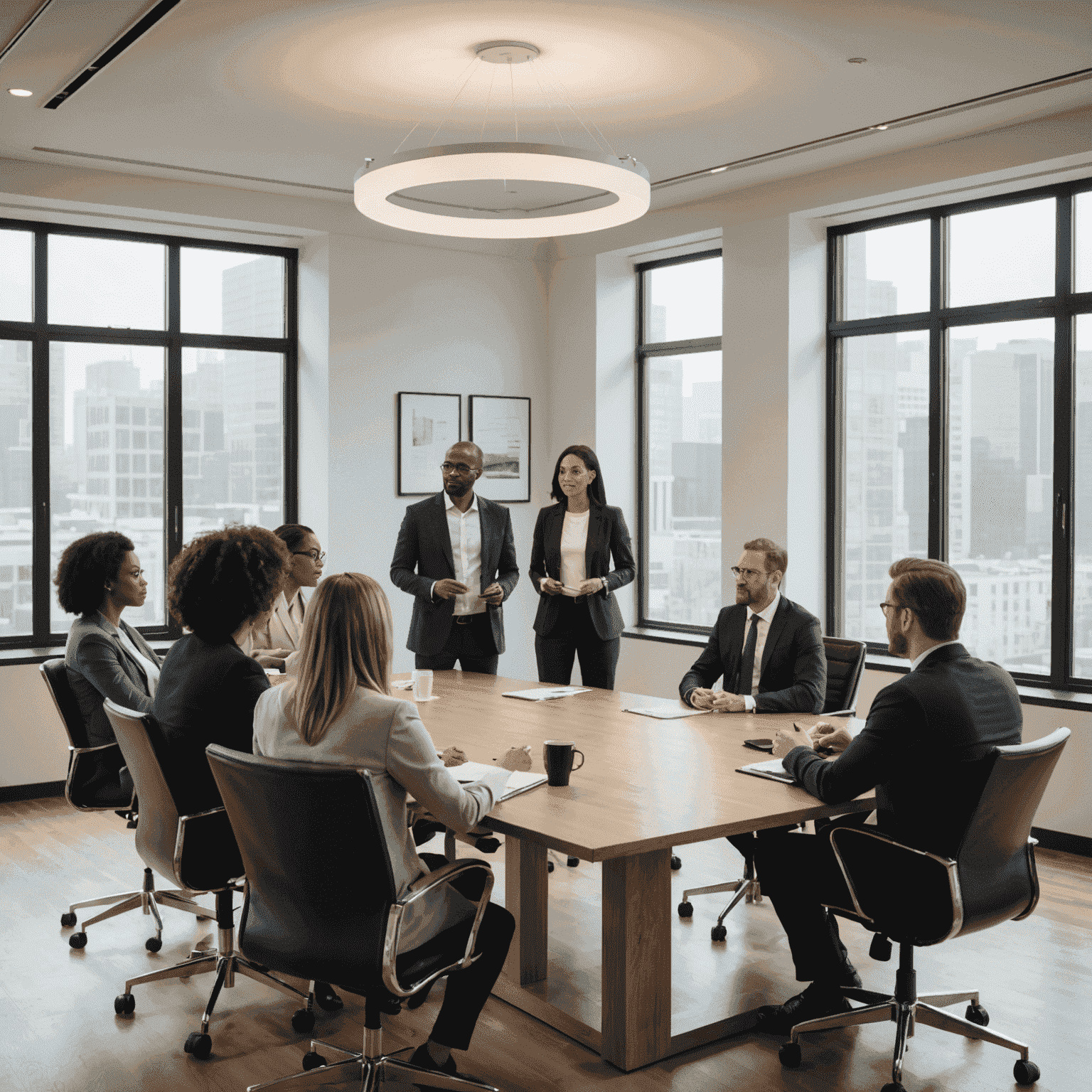 A group of diverse professionals gathered around a conference table, engaged in a productive discussion. The leader is standing at the head of the table, confidently guiding the conversation.