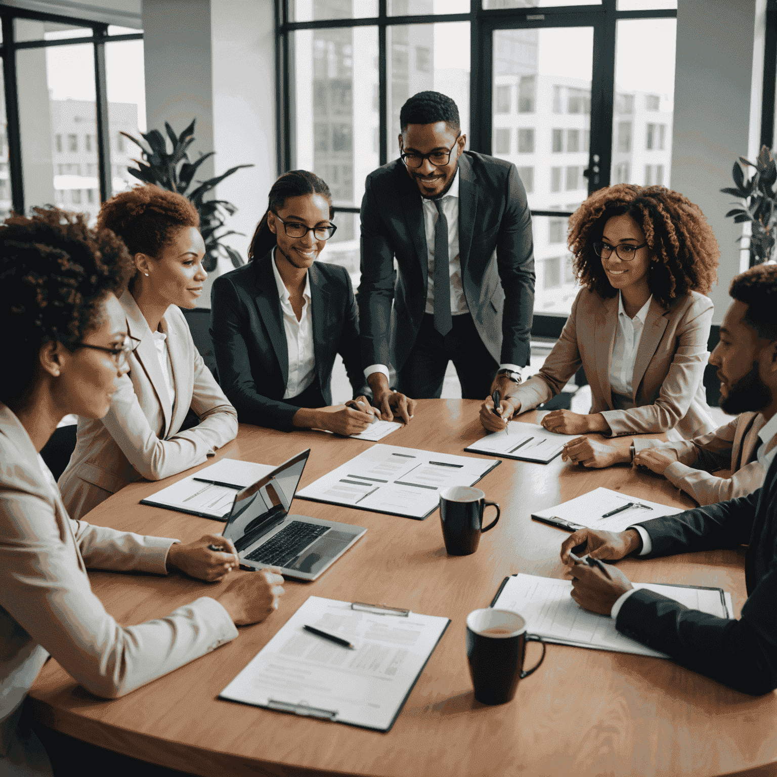 A group of diverse professionals gathered around a conference table, engaged in a productive discussion, representing the importance of essential leadership skills for team success.