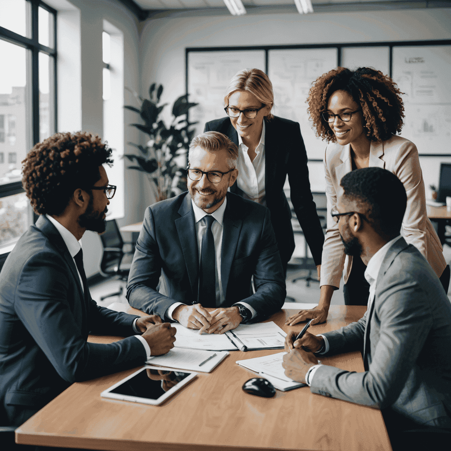 A diverse team of professionals collaborating in an office setting, with a focus on the leader who is guiding the discussion