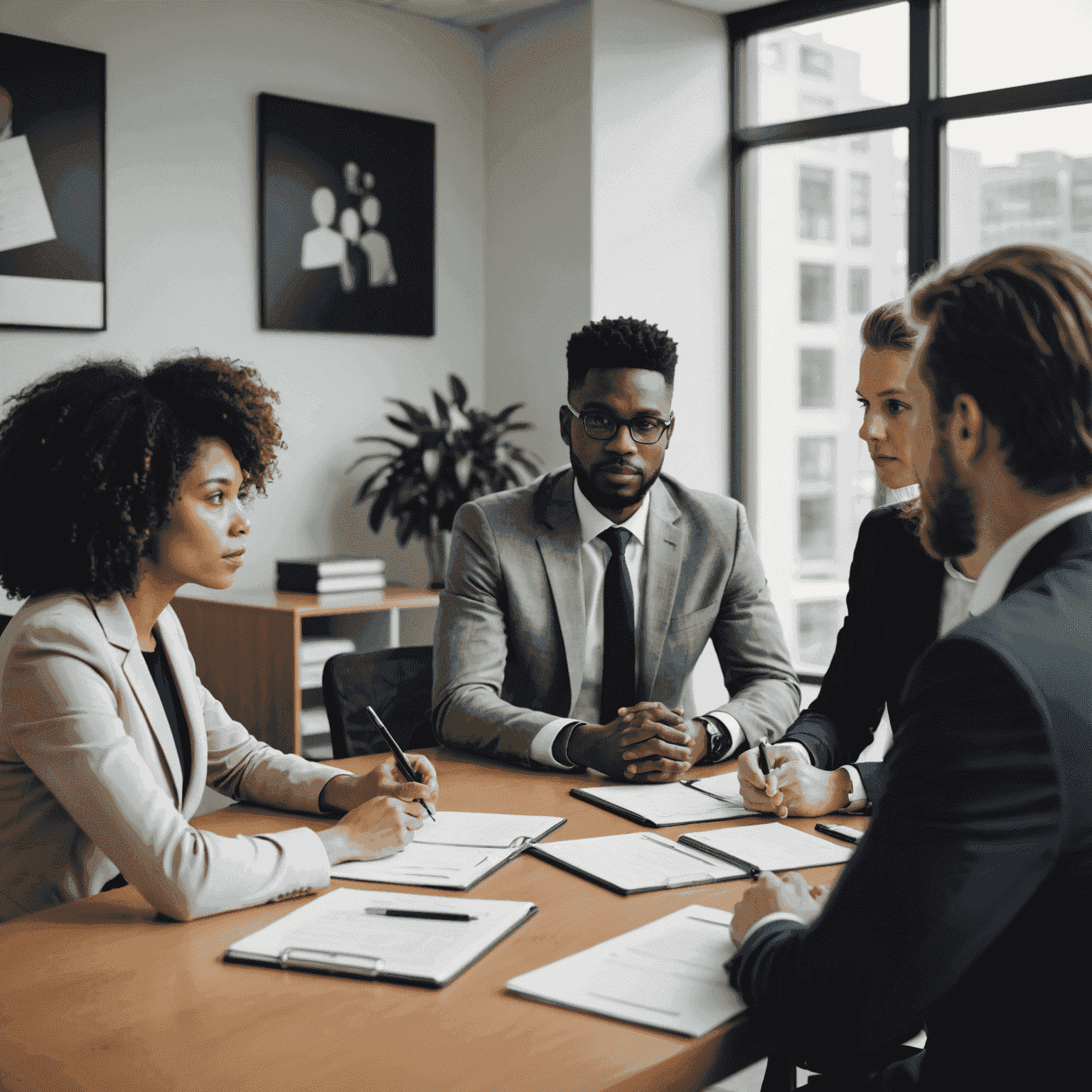 Diverse team in a meeting room discussing and resolving conflicts