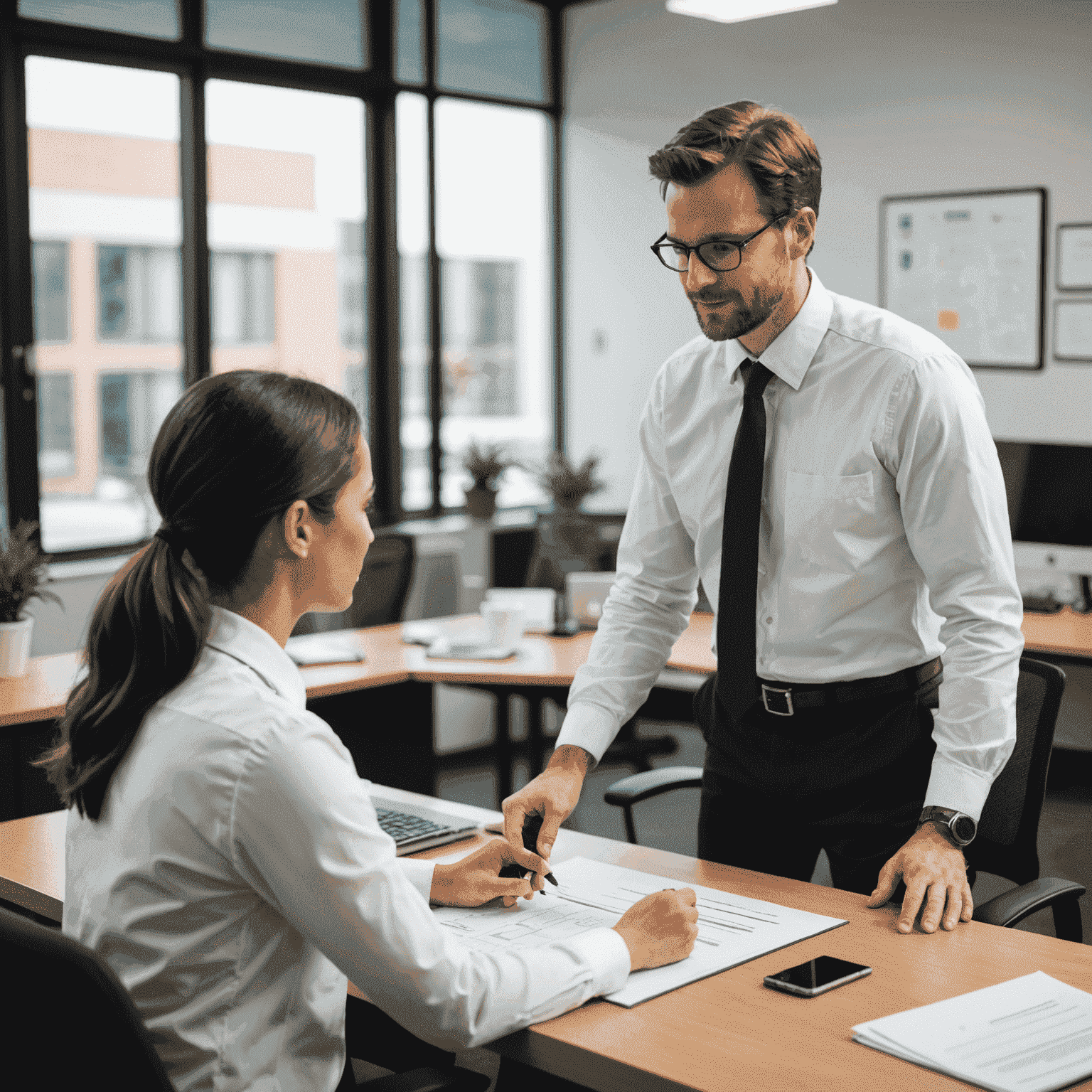 A team leader providing constructive feedback to an employee in an office setting