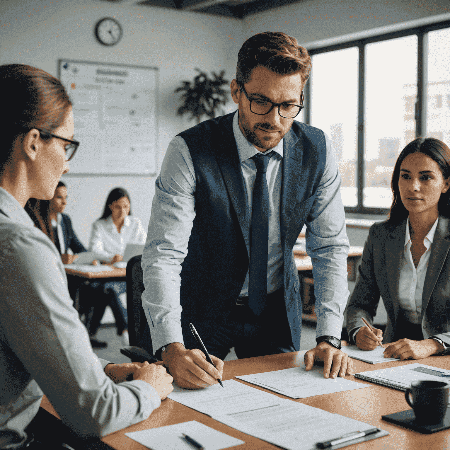 A leader sitting at their desk, handing out tasks and responsibilities to team members. The team members look engaged and motivated, ready to take on their assigned roles.