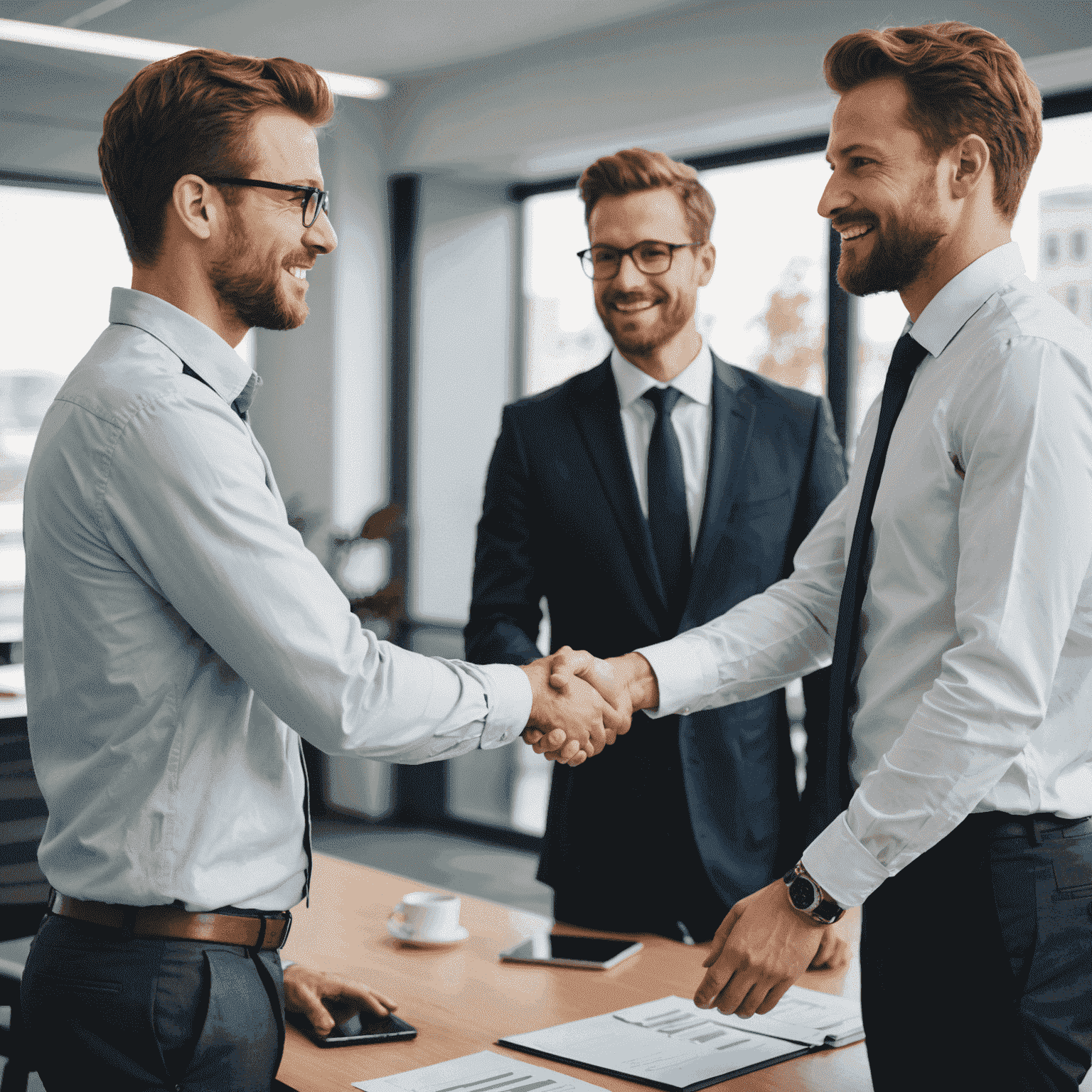 Two team members shaking hands, having resolved a conflict through effective communication and leadership, promoting a harmonious work environment.