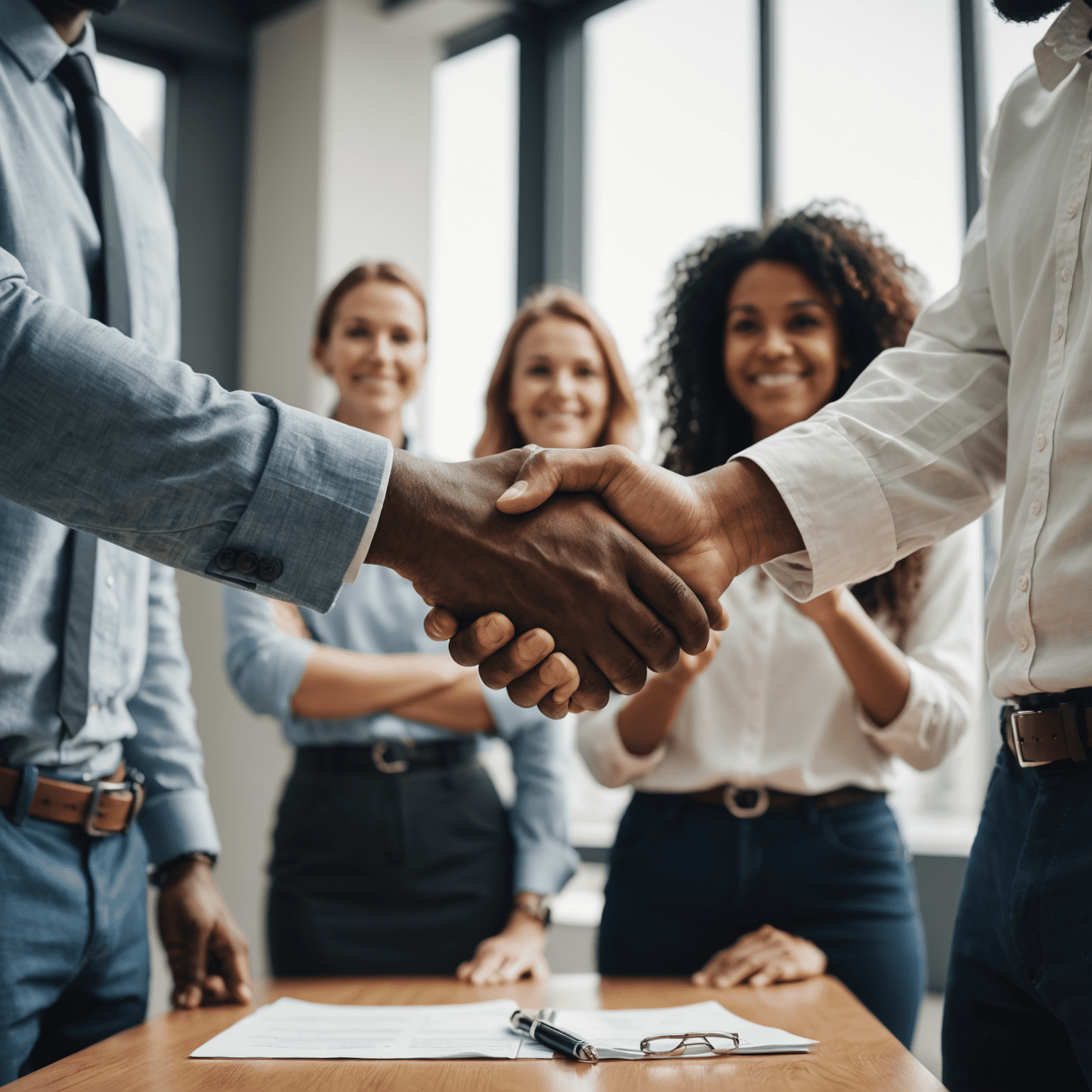 Team members shaking hands after successful conflict resolution